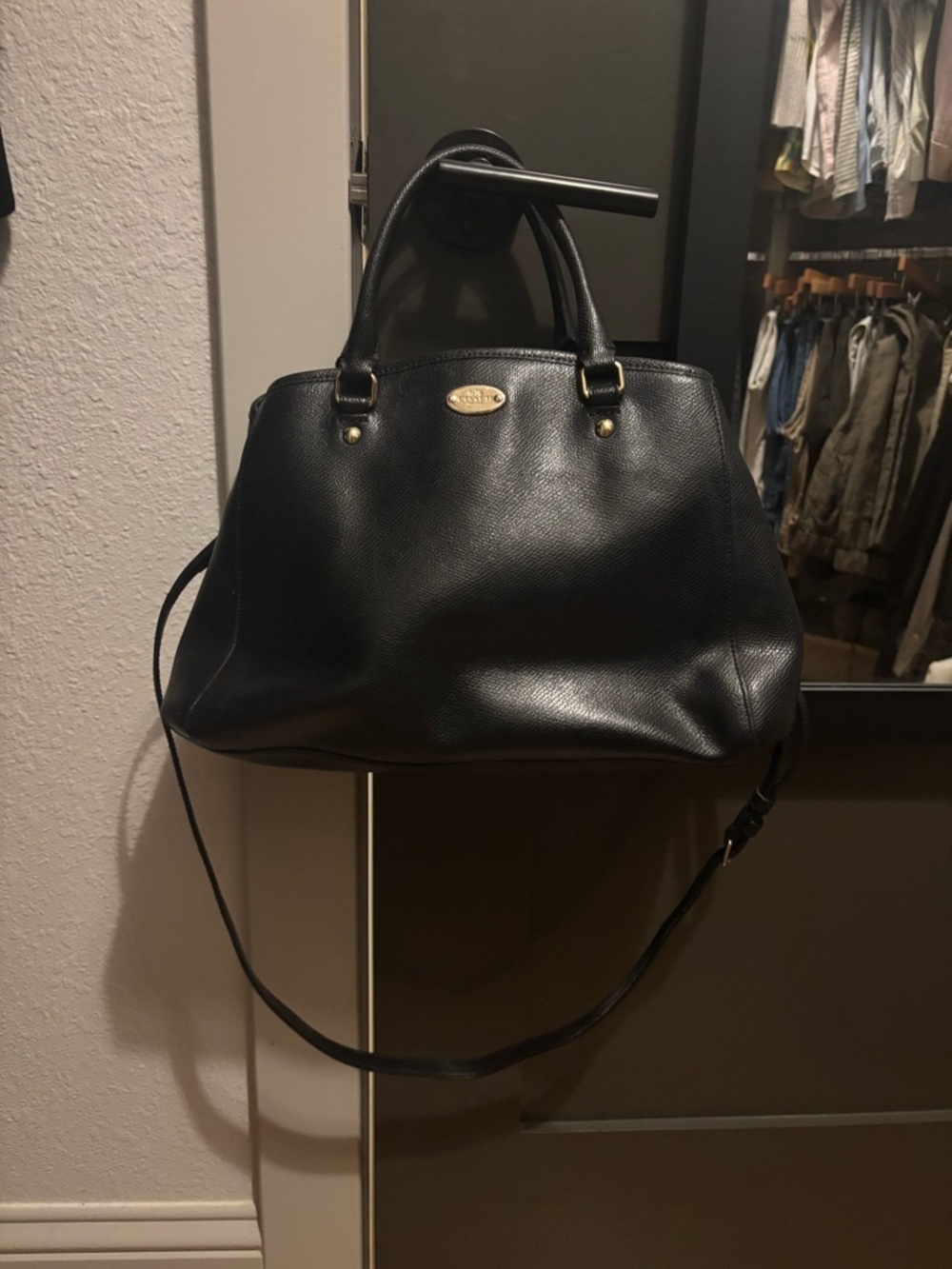Coach Black Pebbled Leather Satchel with Strap and Gold Plaque
